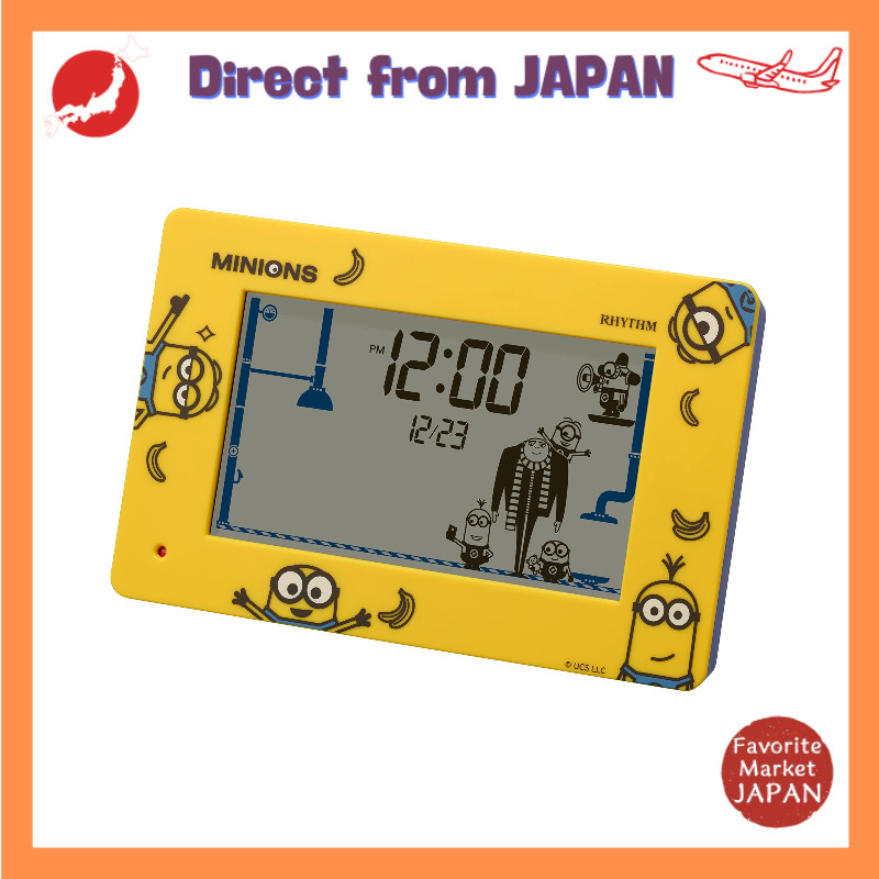 Rhythm (RHYTHM) Minions Alarm Clock — Fun Action Digital Clock with Calendar, Yellow, 10 x 16.2 x 4.