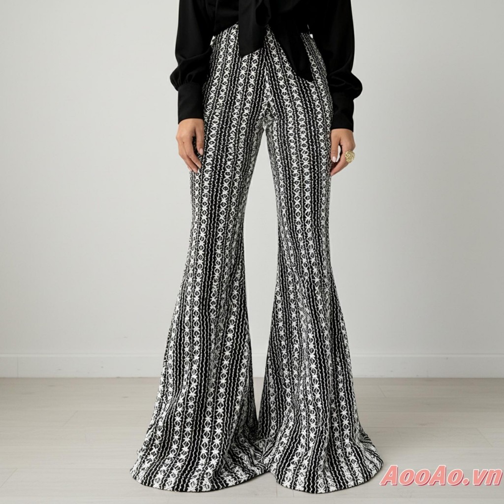 Quần Sọc Nữ Phối Họa Tiết Boho Style Slim-Fit Bell Bottom Palazzo