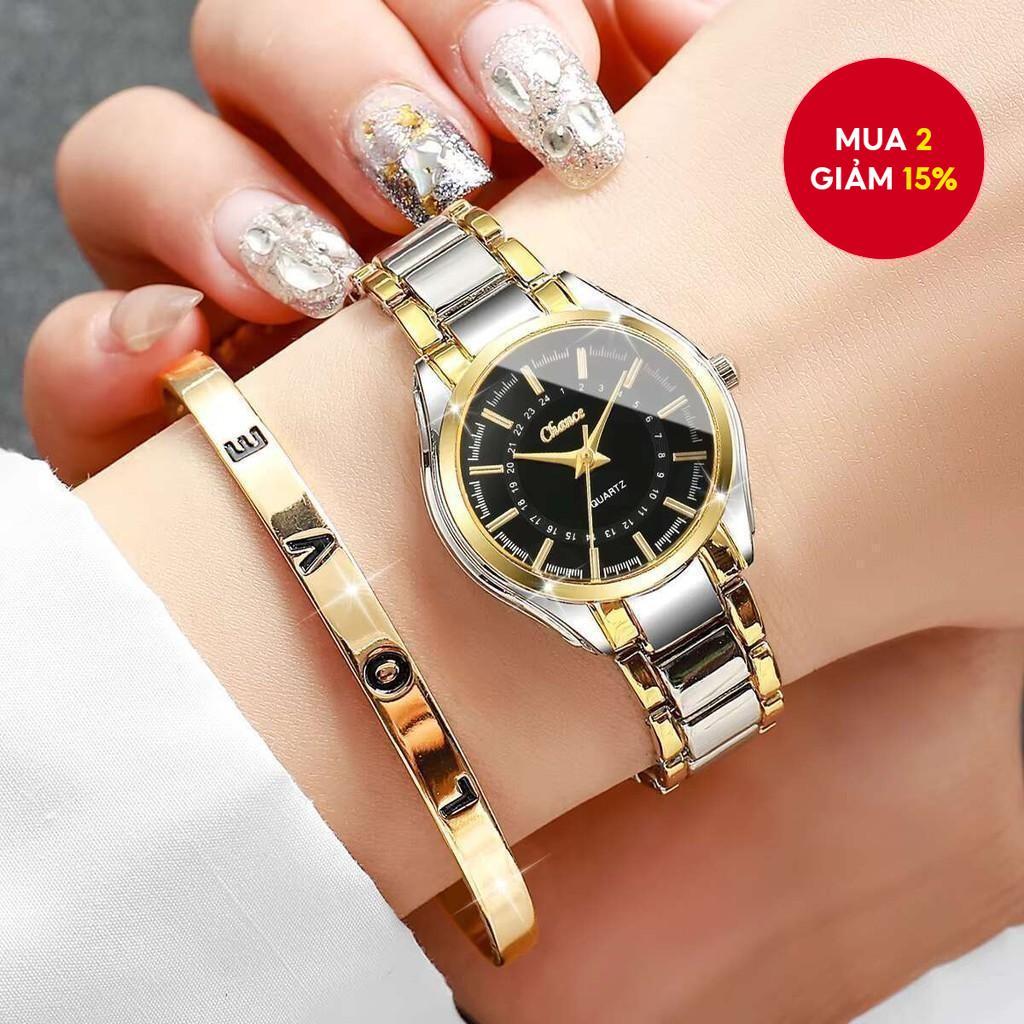 Bộ đồng hồ nữ 2 chiếc hợp thời trang - Đồng hồ đeo tay thạch anh mặt số nhỏ & Vòng đeo tay mở thanh lịch