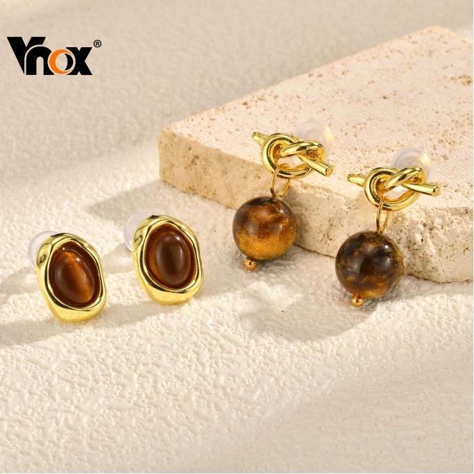 Vnox Brown Resin Knotted Round Bead Statement Dangle Earring Stud Earring Elegant Jewelry for Women 