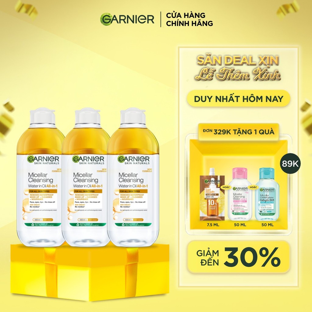 Bộ 3 nước làm sạch và tẩy trang cho da khô & trang điểm lâu trôi Garnier Micellar Water Oil-Infused 400mlX3