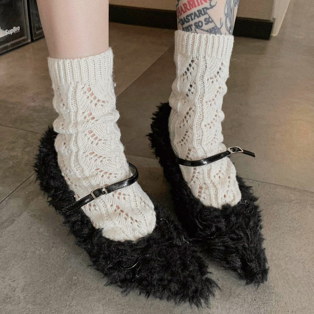 [Còn hàng] Giày cao gót lông nơ có mũi nhọn một nút Giày cao gót hình sang trọng mùa đông Mary Jane 