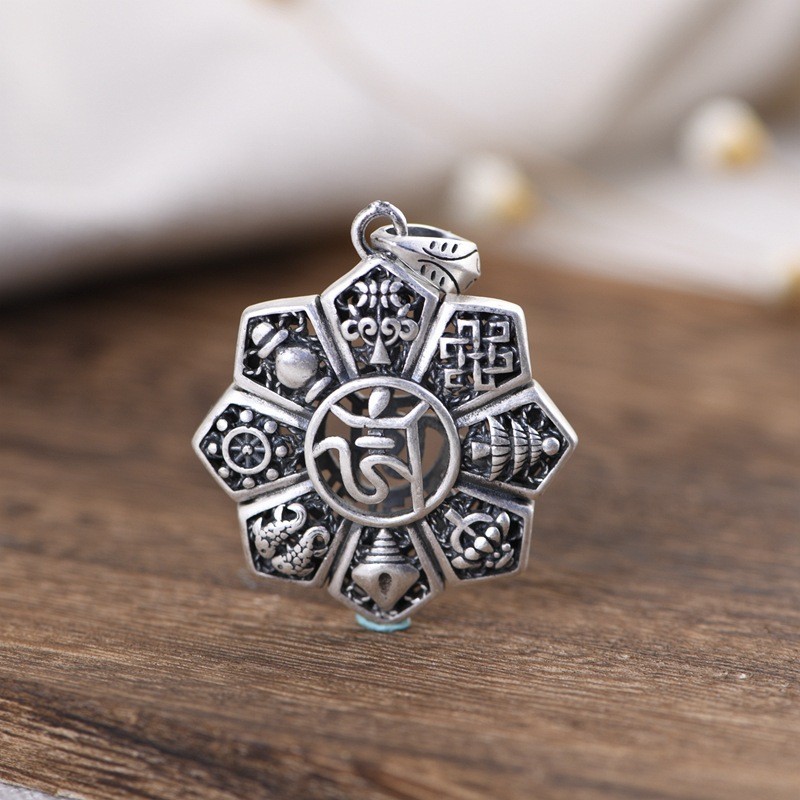 Hot Sale#Sterling Silver S990Vintage Ethnic Style Auspicious Eight Treasures Wan Zi Pendant Necklace