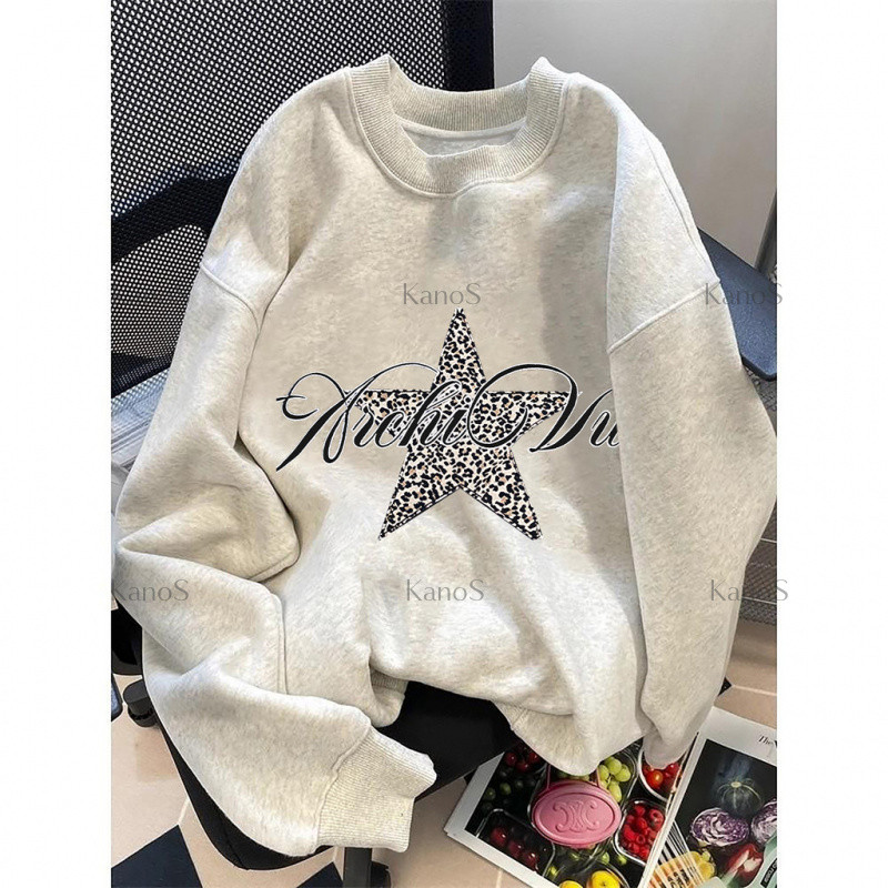 Kanos_shop | áo thể thao unisex,Hàn quốc cổ điển leopard&pentagram print áo tay dài thu đông sweater