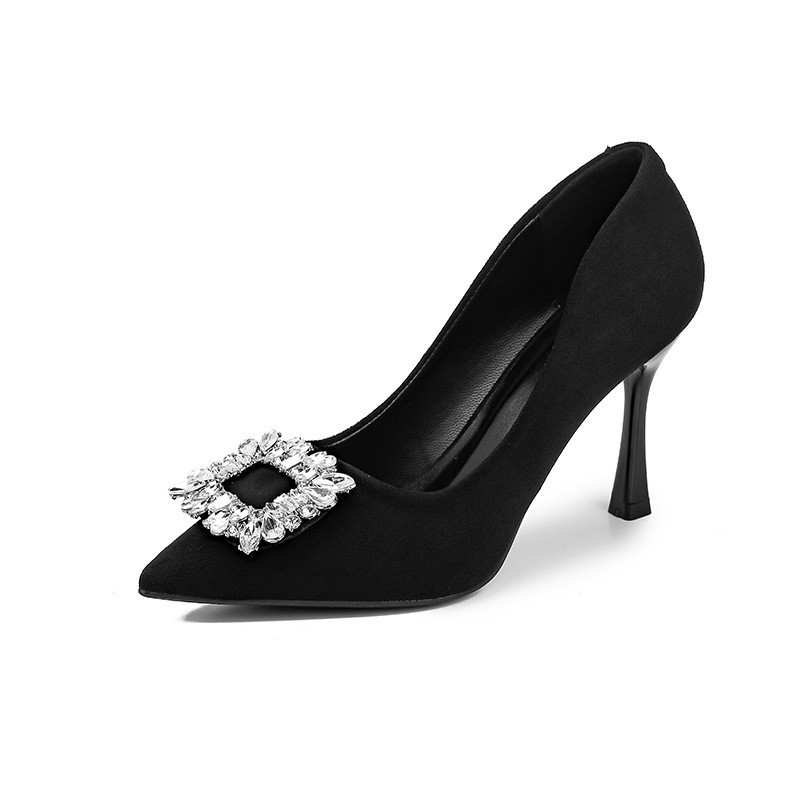 Pure Desire Black High Heels Women's Pointed Toe2025Spring and Autumn New Versatile Rhinestone Squar