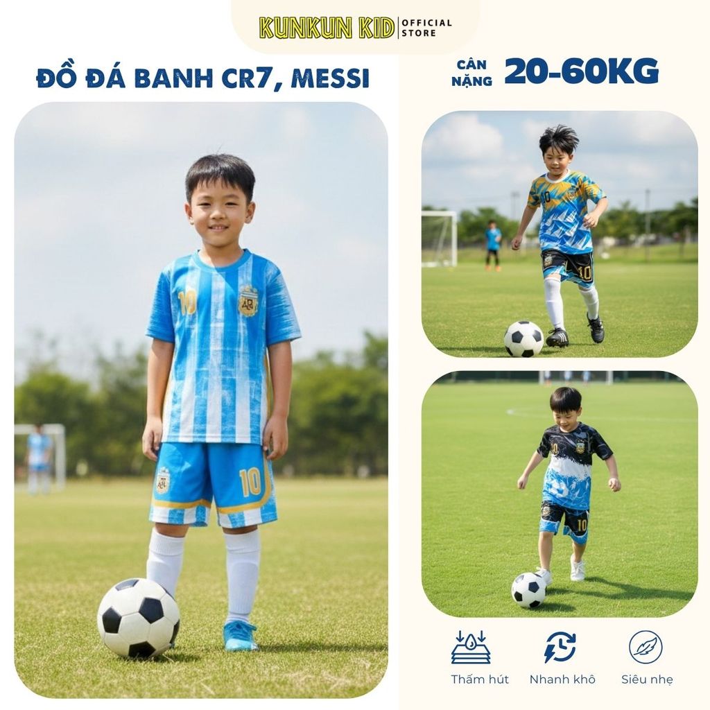 Đồ Bộ Thể Thao Bé Trai In 3D Cầu Thủ Messi số 10 – Đá Banh, Bóng Rổ TP1290-1292 | KunKun Kids
