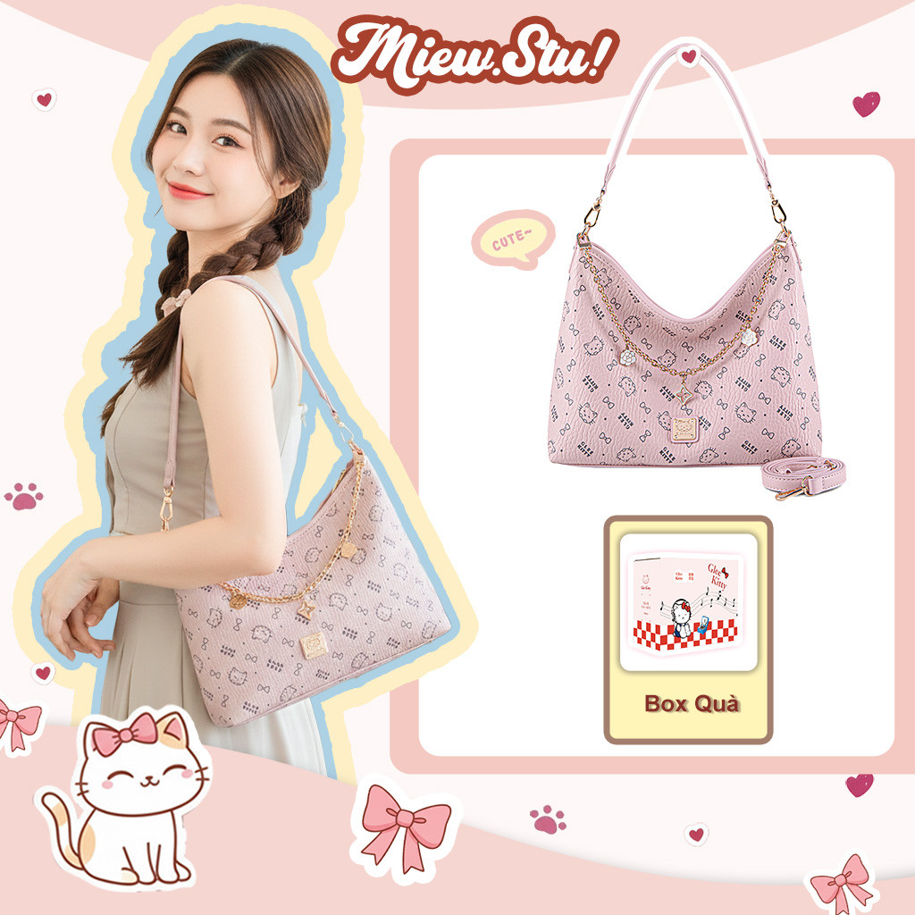 Meiw.stu Túi đeo chéo, đeo vai thời trang GLEE KITTY họa tiết Hello Kitty kèm dây xích charm dễ thươ