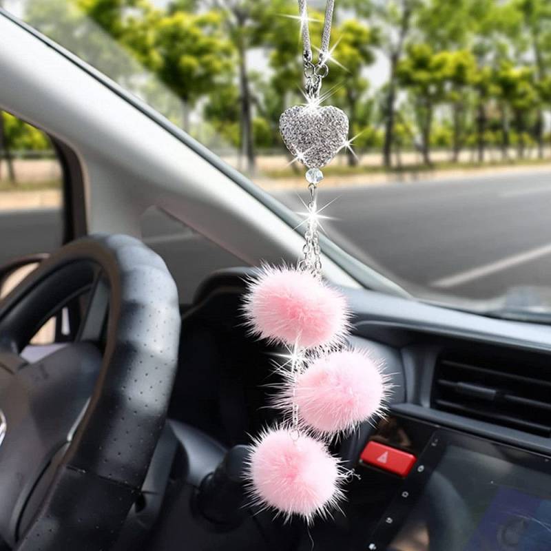 New Diamond Heart Wool Ball Car Rearview Mirror Decoration Sweet Cute Ladies Decoration 0jS2