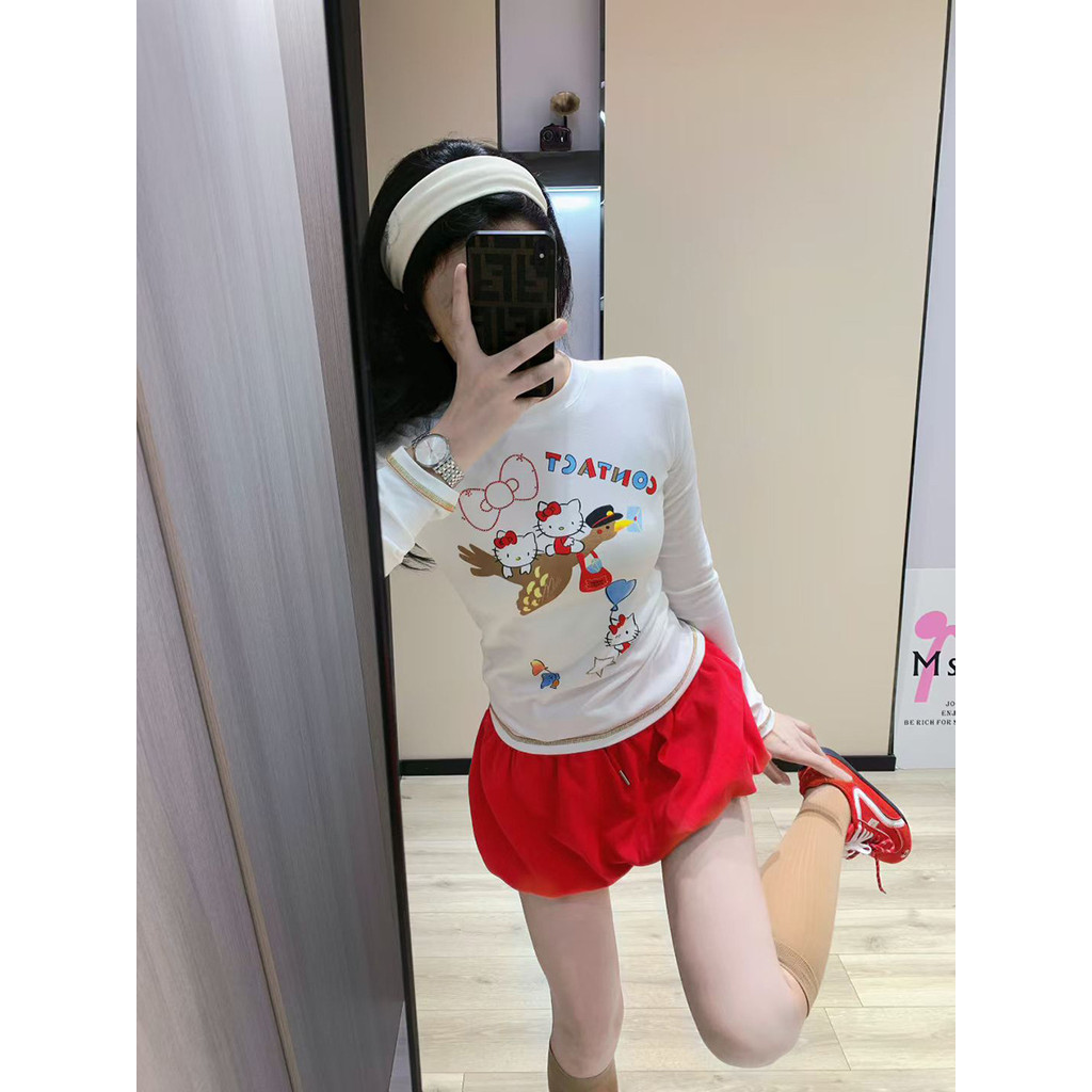 E9CL Sweet and Cute Cartoon Cat Envelope with Wild Goose Pattern Print Long Sleeve T Women's Autumn 