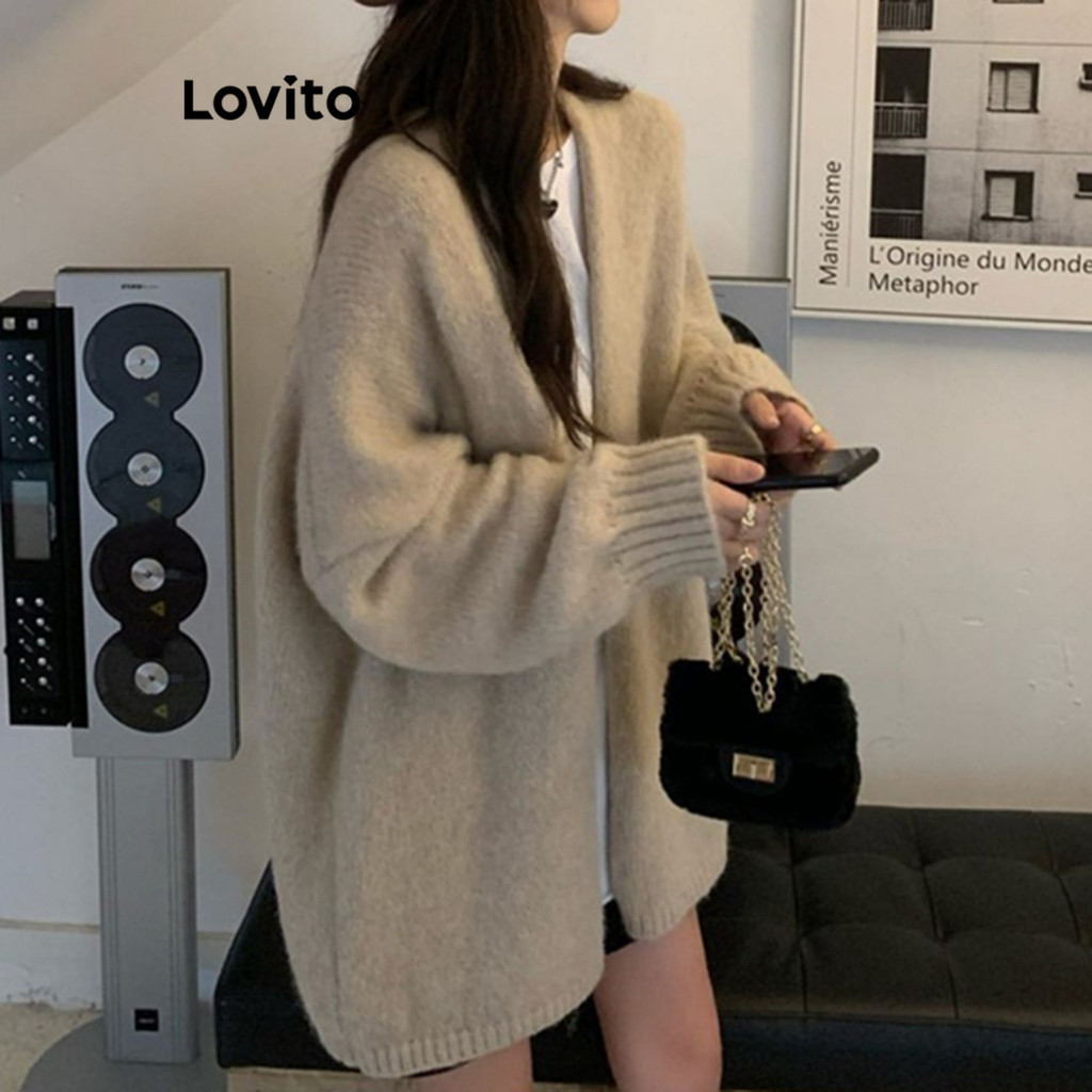 (Trendy) Lovito Áo cardigan thông thường Áo cardigan cơ bản trơn dành cho nữ LNE27050 (Xám nhạt)