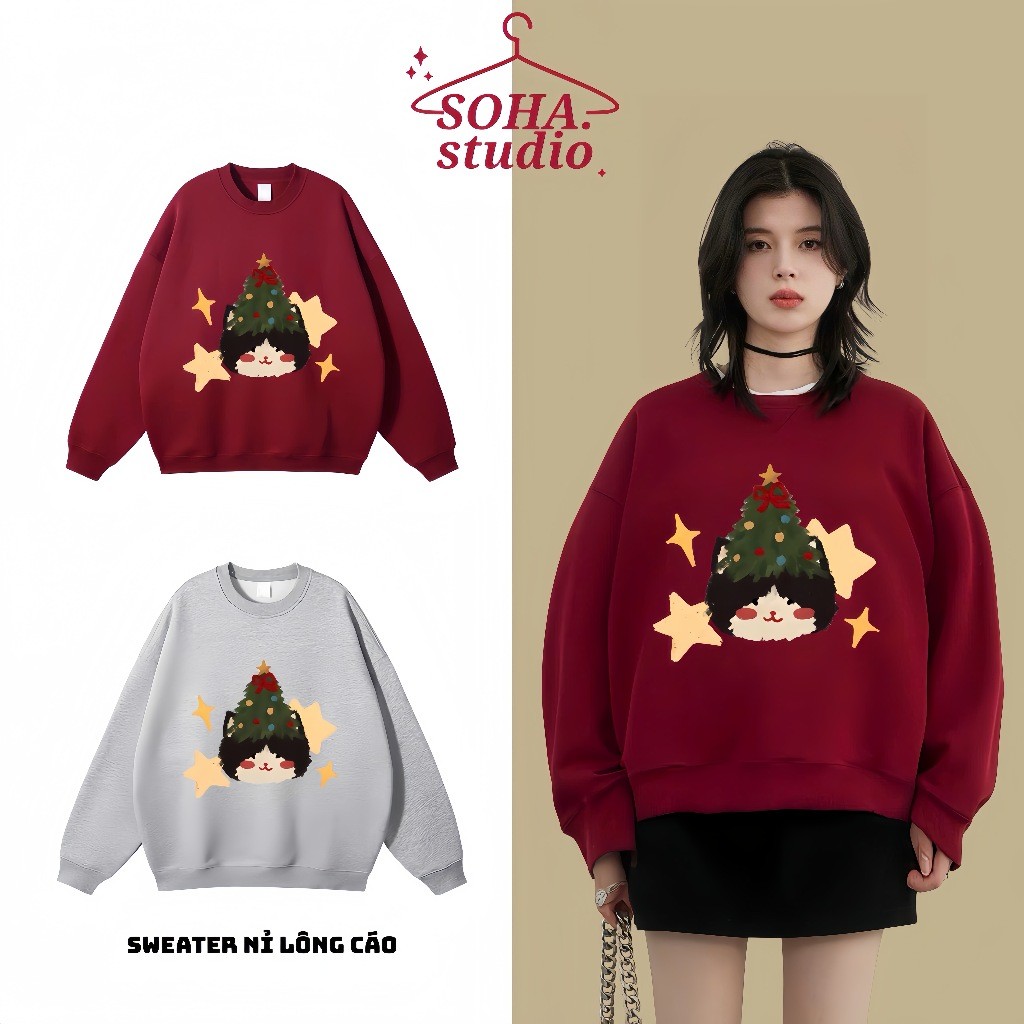 Áo sweater boxy nỉ lông cáo dài tay form rộng in hình dễ thương, Áo sweater nỉ nhung form boxy nam n