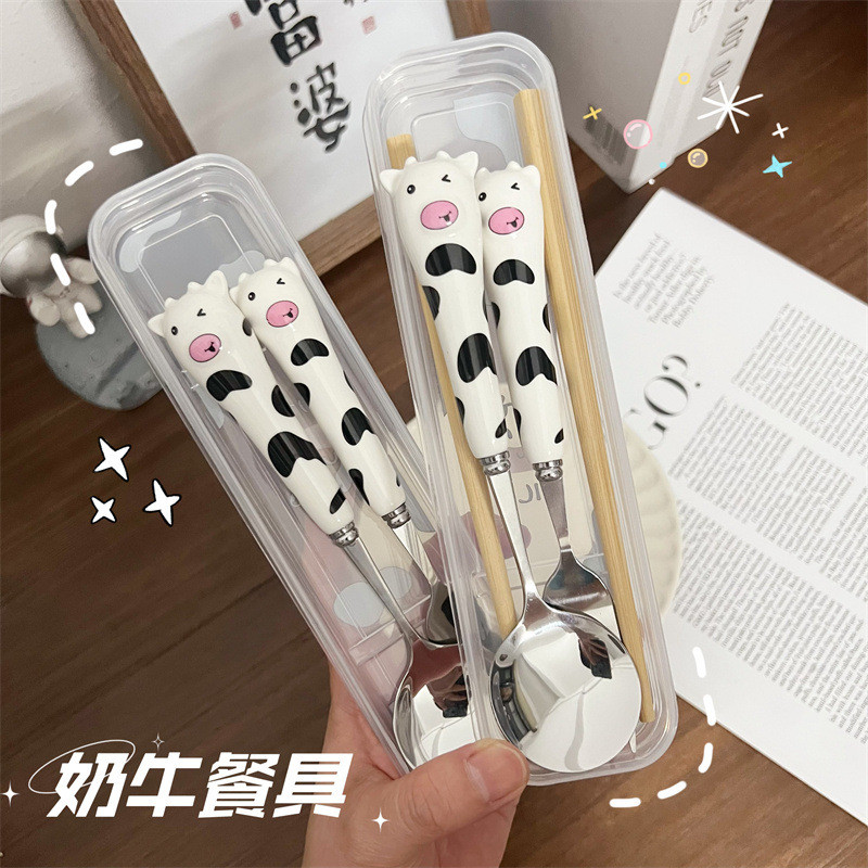 Sáng Tạo Dễ Thương Vui Nhộn Ăn Thép Không Gỉ Bò Thìa Cơm Di Động Bộ Đồ Ăn Thìa Kem Món Tráng Miệng N