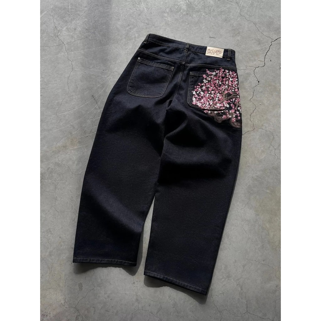 BXN7 Blossom Denim Baggy Jeans Street Heavy Embroidery Casual Jeans Y2K