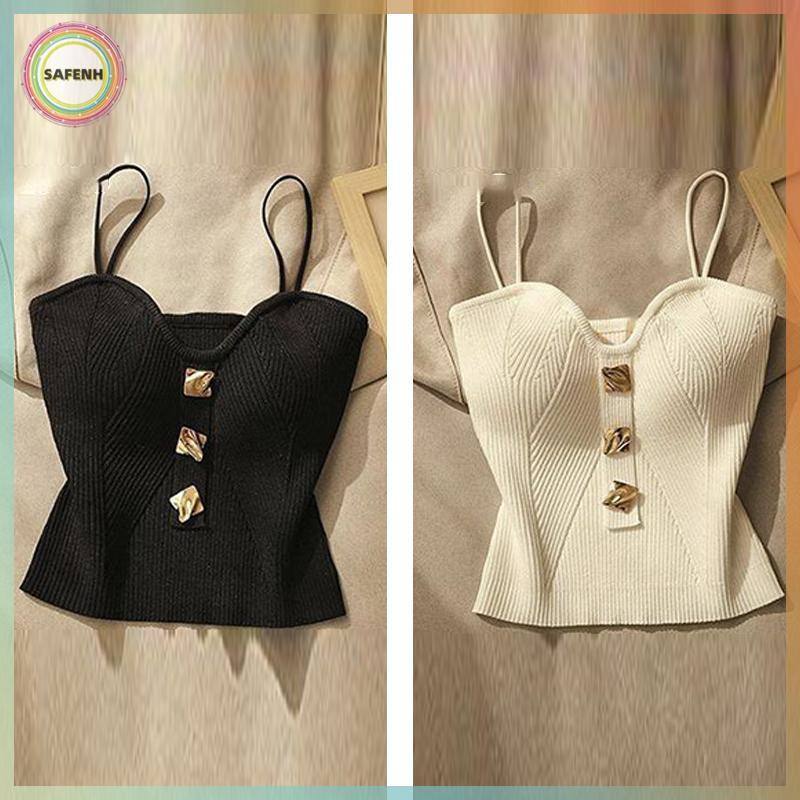 SAFENH Nữ Không Tay Gân Đan Spaghetti Dây Crop Cami Áo Sơ Mi Spaghetti Dây Đeo Tank Top Vest Áo VN