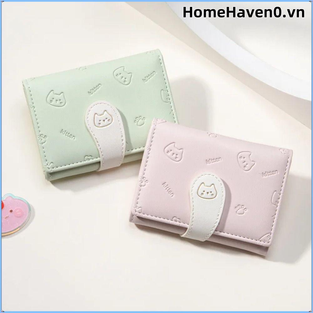 HOMEHAVEN Ví nhỏ ngắn dễ thương, Túi ID thời trang bé gái Ví in hình mèo con, Hộp đựng thẻ sinh viên có khóa dây đeo Túi đựng tiền nữ