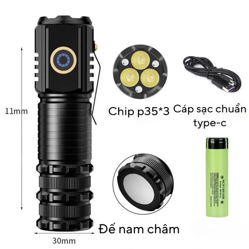 Đèn pin mini cầm tay siêu nhỏ siêu sáng tỏa S350x vỏ nhôm, chống nước IPX7, có móc gài, nam châm tiệ