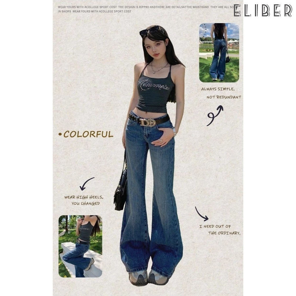 ELIBER- American-style low-rise flared jeans for women, new summer style, loose fit, long pants.