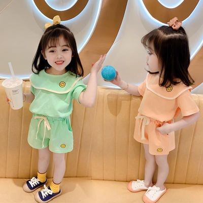 Bé Gái Tập Đi Mùa Hè Bộ Hàn Quốc Dễ Thương Mặt Cười Tay Ngắn Tee + Quần Short Hai Mảnh Trang Phục