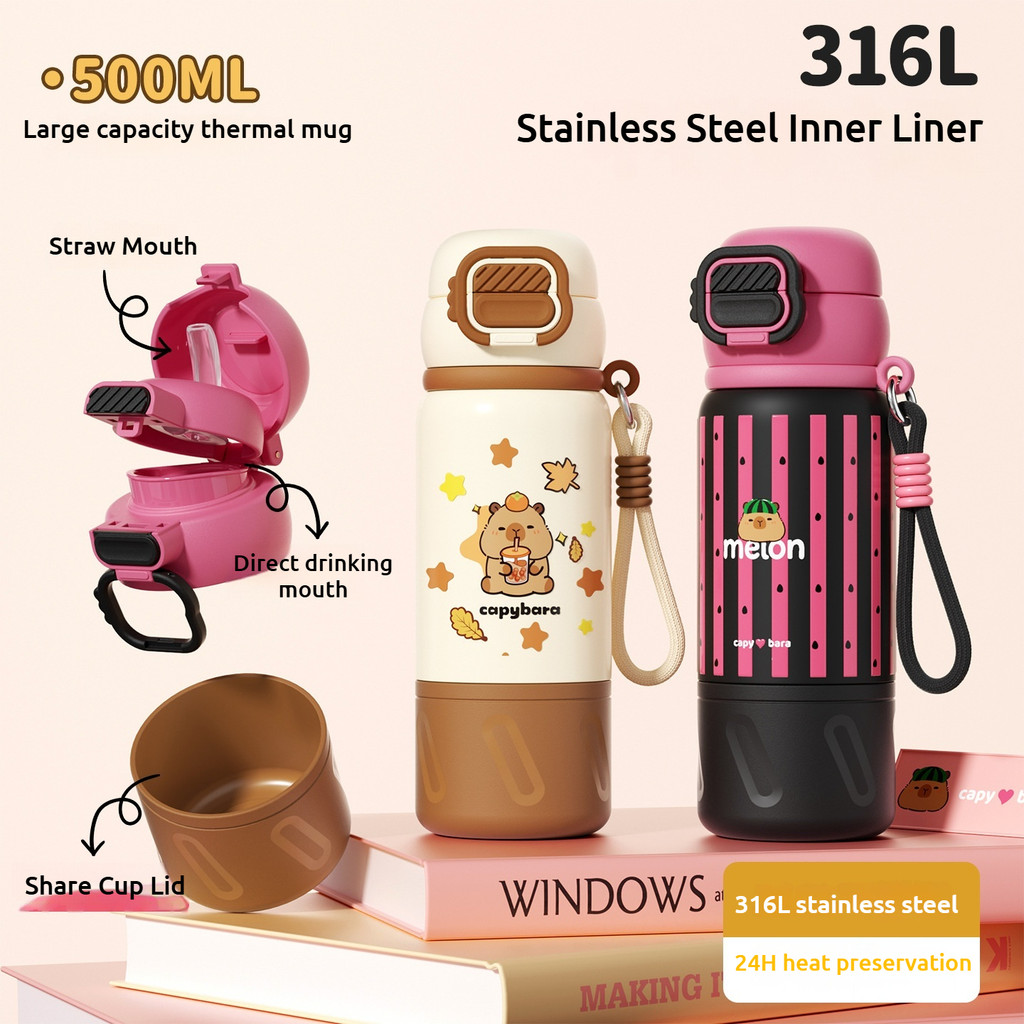 Bình nước dễ thương Capybara Pipjoy,bình giữ nhiệt có ống hút 500ml,cốc uống nước inox 316,bình nước