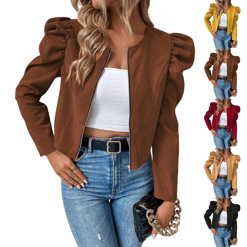 Exhila Nữ Tay Phồng Crop Jacket Bolero Blazer Hợp Thời Trang Zip Up Tay Dài Mở Phía Trước Công Sở Áo