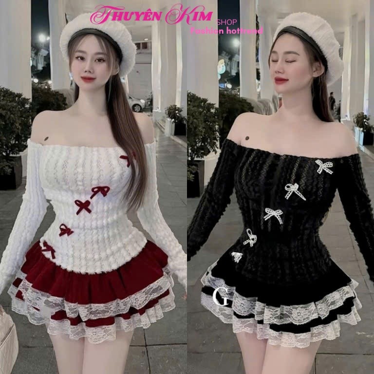 Set tiểu thư thu đông Noel áo trễ vai Lông xù đính nơ kèm chân váy Nhung ngắn phối Ren có quần