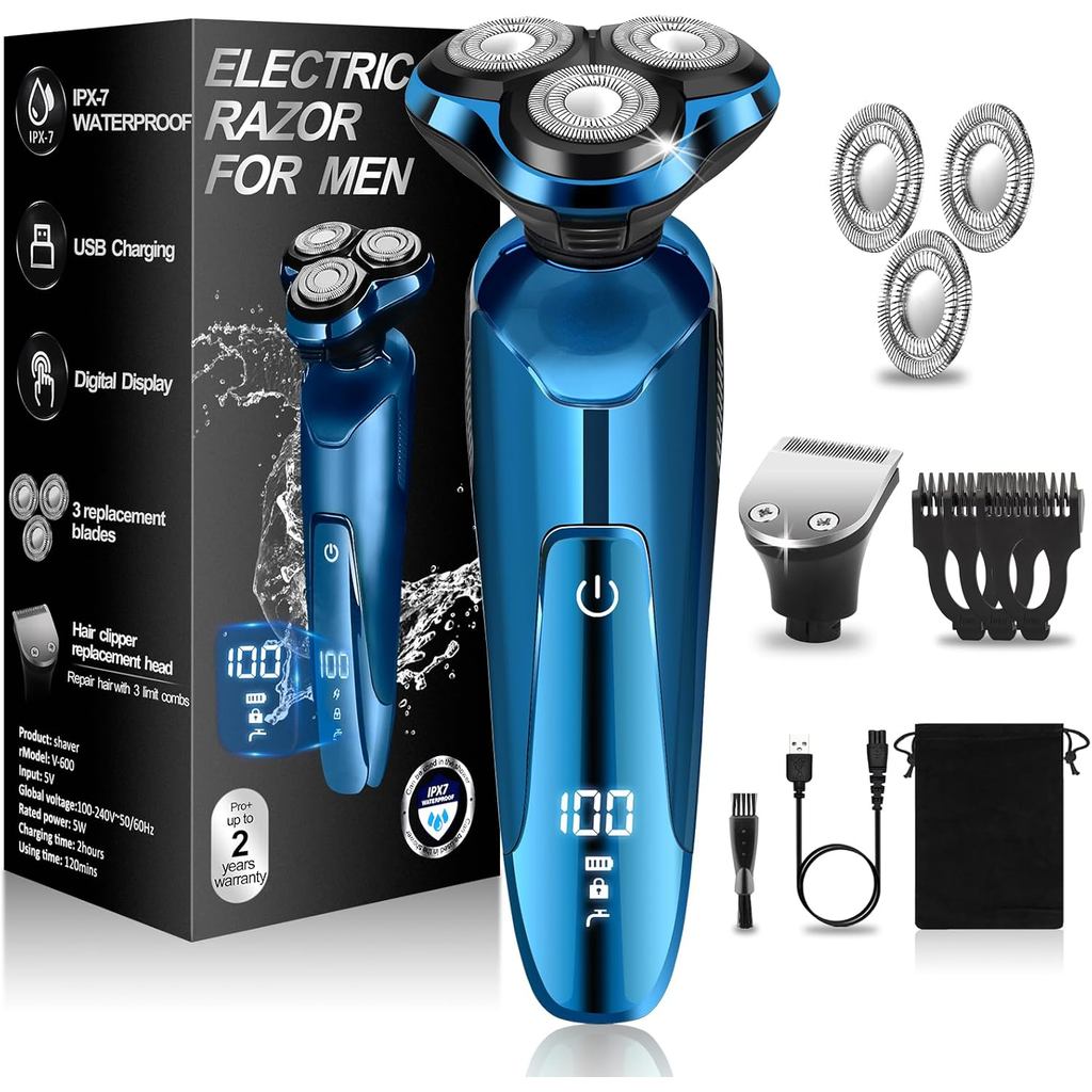 Dao cạo điện cho nam, Máy cạo râu điện nam quay, Màn hình LED Dao cạo không dây chống nước 100%, Cạo