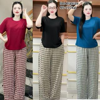  Én Nhỏ Có Bigsize 40-110kg - Set Bộ Dài Bigsize Nữ Áo Thun Cổ Tròn Mix Quần Dài Form Rộng Vải Caro Nhung Mịn Mát - 2501 