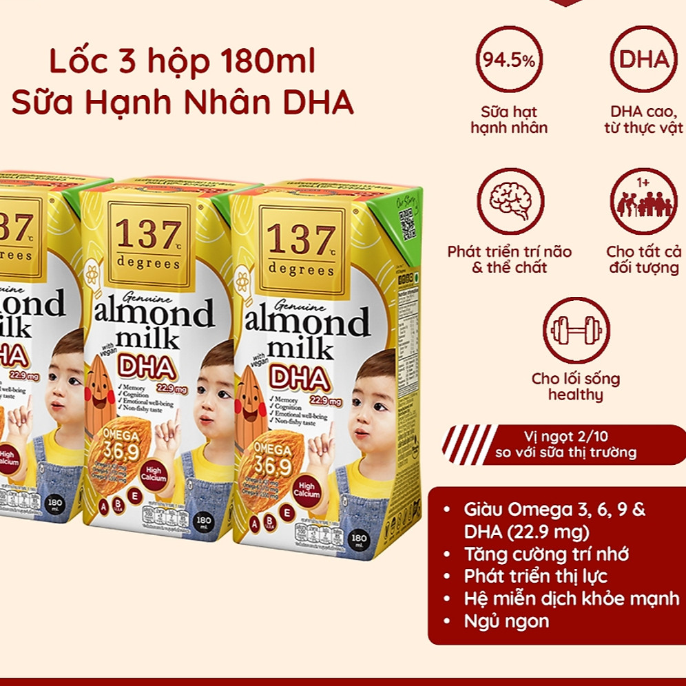Lốc 3 hộp Sữa hạt Hạnh nhân DHA 137 DEGREES 180ml