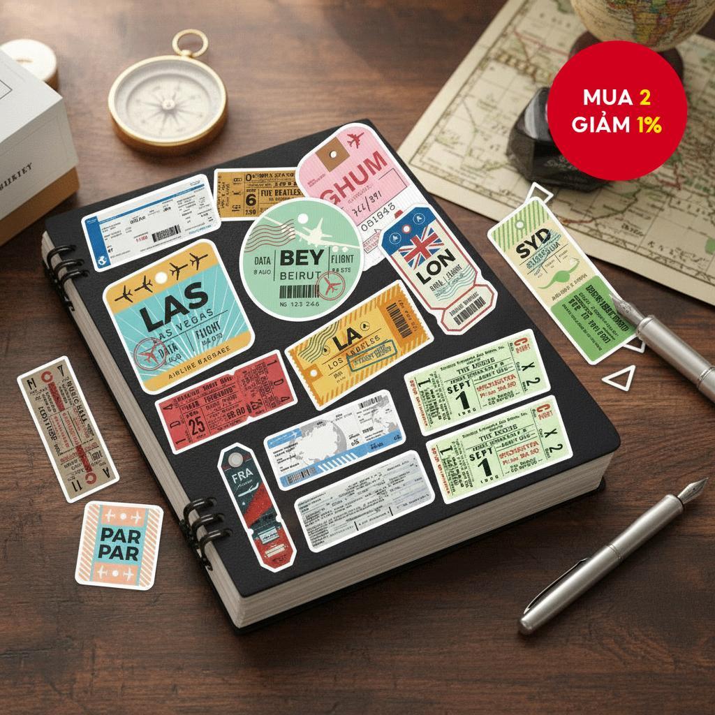 40 miếng dán vé máy bay cổ điển - Decal vinyl chống nước cho ốp điện thoại, vali & mũ bảo hiểm (Thiế