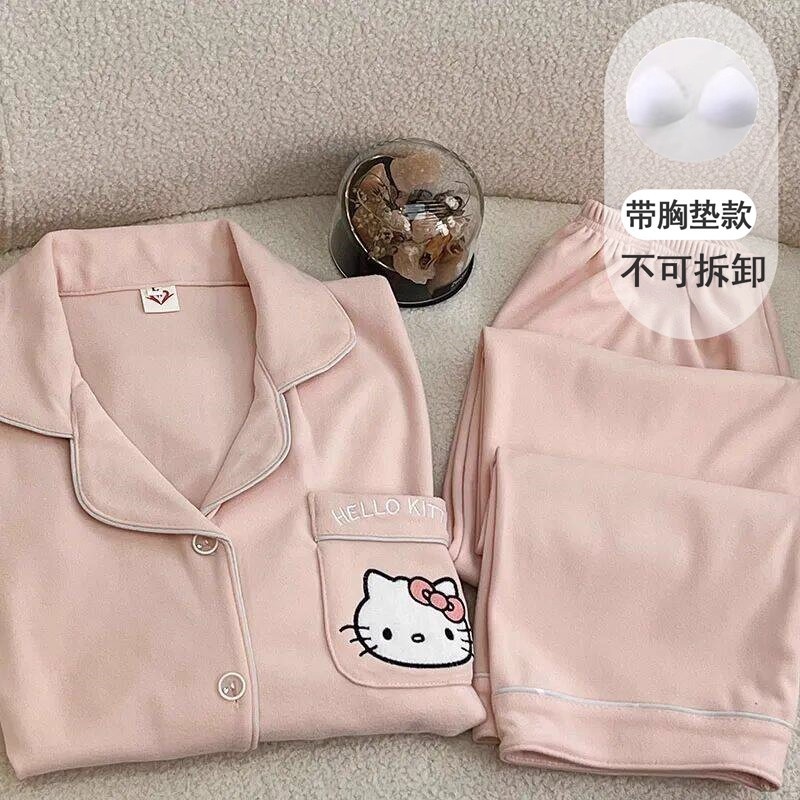 nightgowns winter pajamas Bộ đồ ngủ lông cừu Hello Kitty có miếng lót ngực, thiết kế tay dài, phù hợ