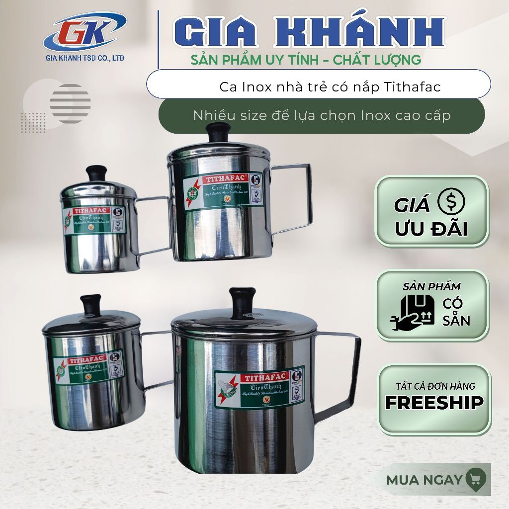 ca inox, ca inox có nắp, ca inox có quai, Ca Inox 430 TITHAFAC có nắp và quai nhiều kích cỡ