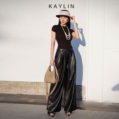 Quần da KAYLIN ống rộng form suông chất vải da bóng phong cách N2141