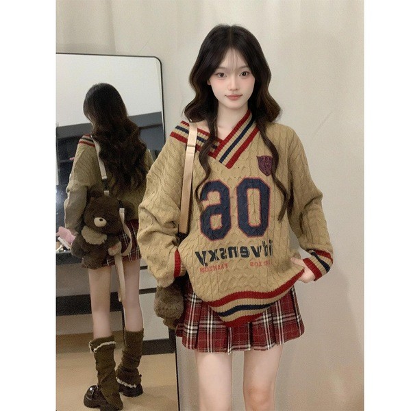 off-shoulder sweater korean women's sweater Áo len preppy off-the-shoulder retro Mỹ cho thu đông