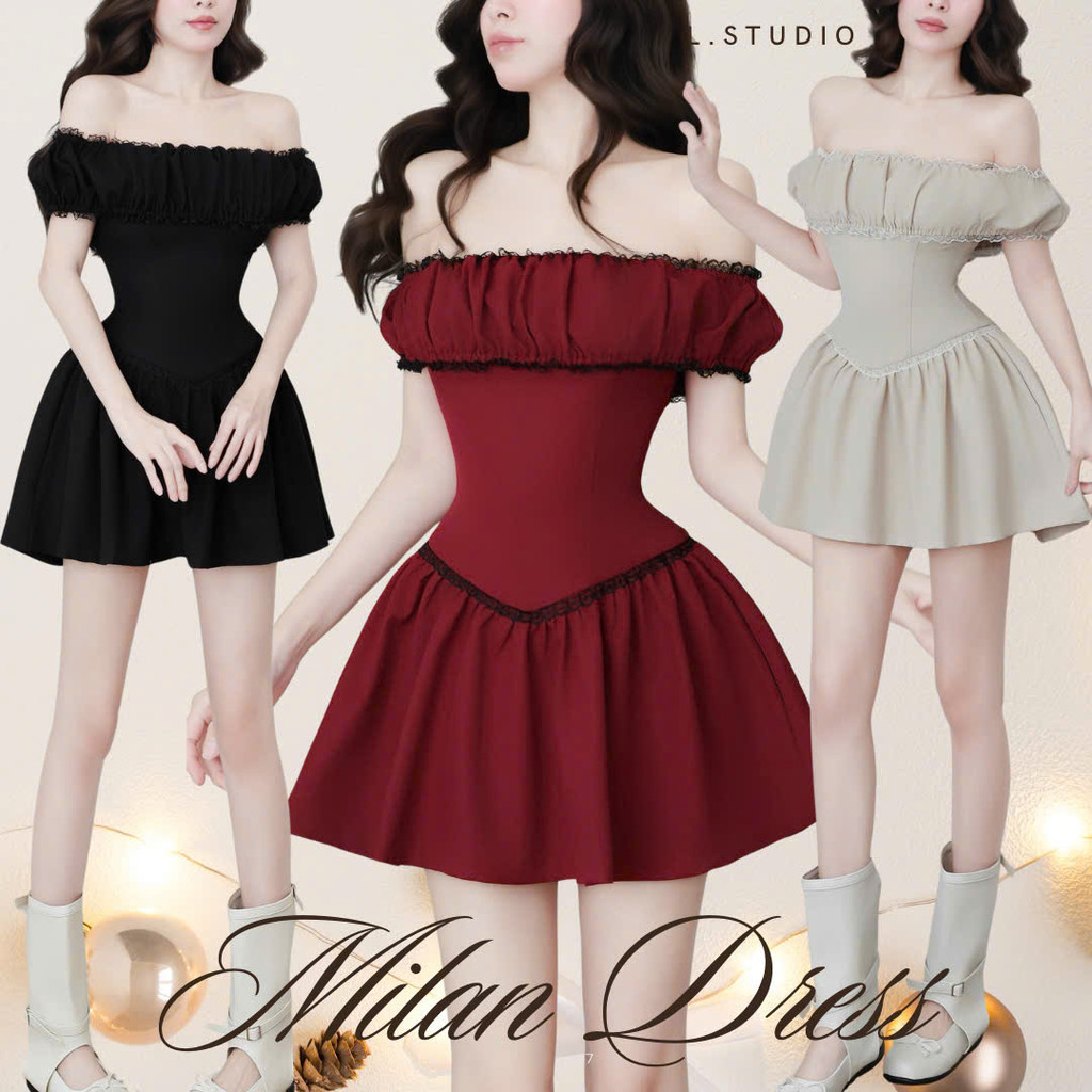 /𝙇.𝙎𝙩𝙪𝙙𝙞𝙤/ MILAN - Đầm ngắn trễ vai tiểu thư, viền ren nữ tính, sang trọng. Chất cotton nịn da