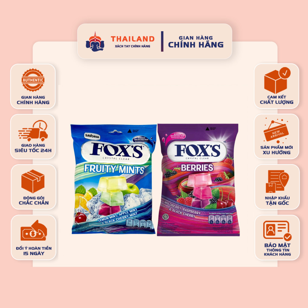 [GÓI 90gr] Kẹo Fox's Crystal Clear 2 Vị Fruity Mints, Berries Candy