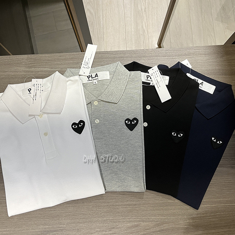 QWZR PLAY Heart Embroidery Black Heart polo Short Sleeve Couple's Shirt with Turn-Down Collar CDG Me