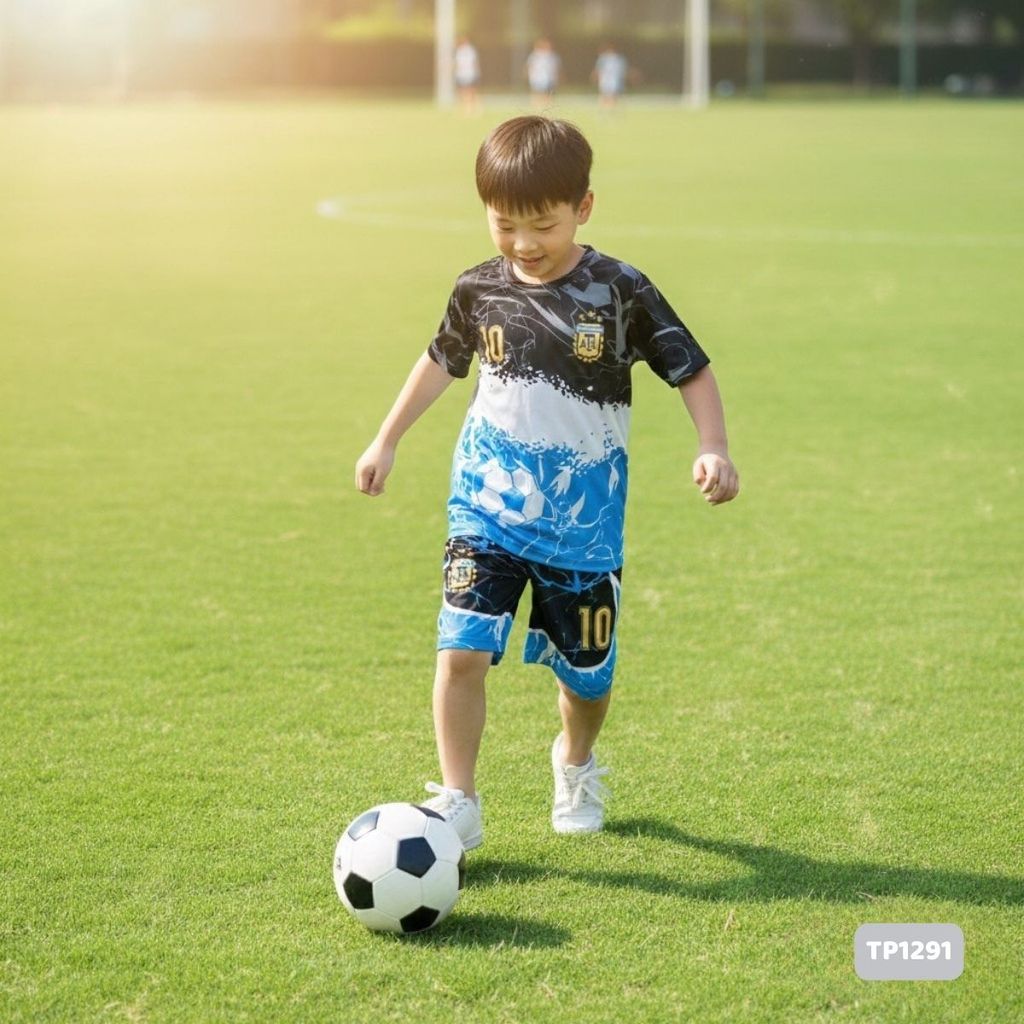 Đồ bộ thể thao bé trai in 3D Cầu Thủ số 10 Messi màu xanh đen - Đá bạn, bóng rổ TP1291 - Kunkun Kids