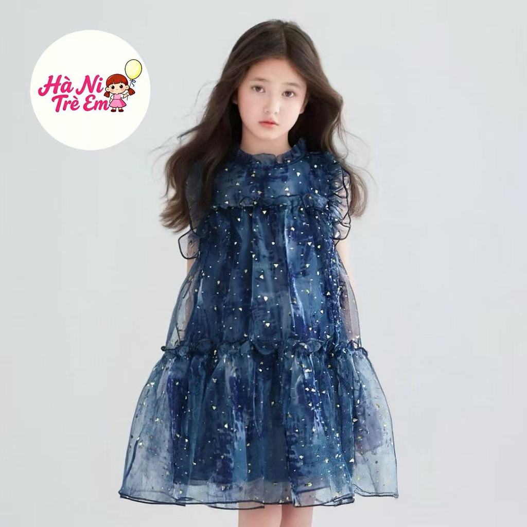 Váy cho bé gái Hà Ni Trẻ Em, váy lưới màu xanh dương có sequin mùa hè, phù hợp với bé gái từ 3-8 tuổ