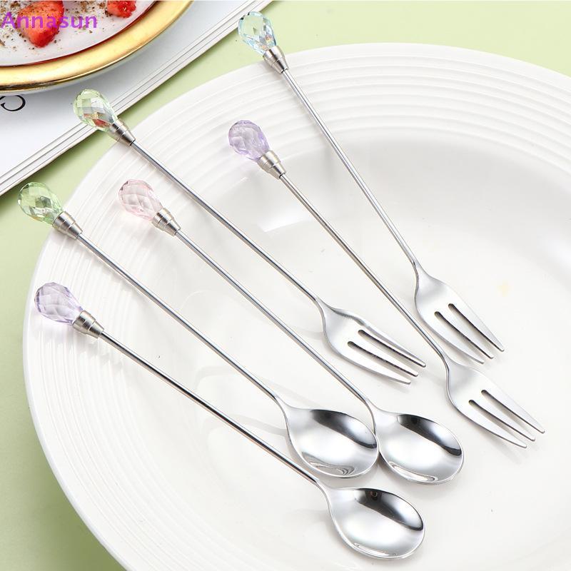 Annasun Crystal Spoon Set Long Handle Teaspoon 430 Stainless Steel Diamond Ice Spoon Perfect For Des
