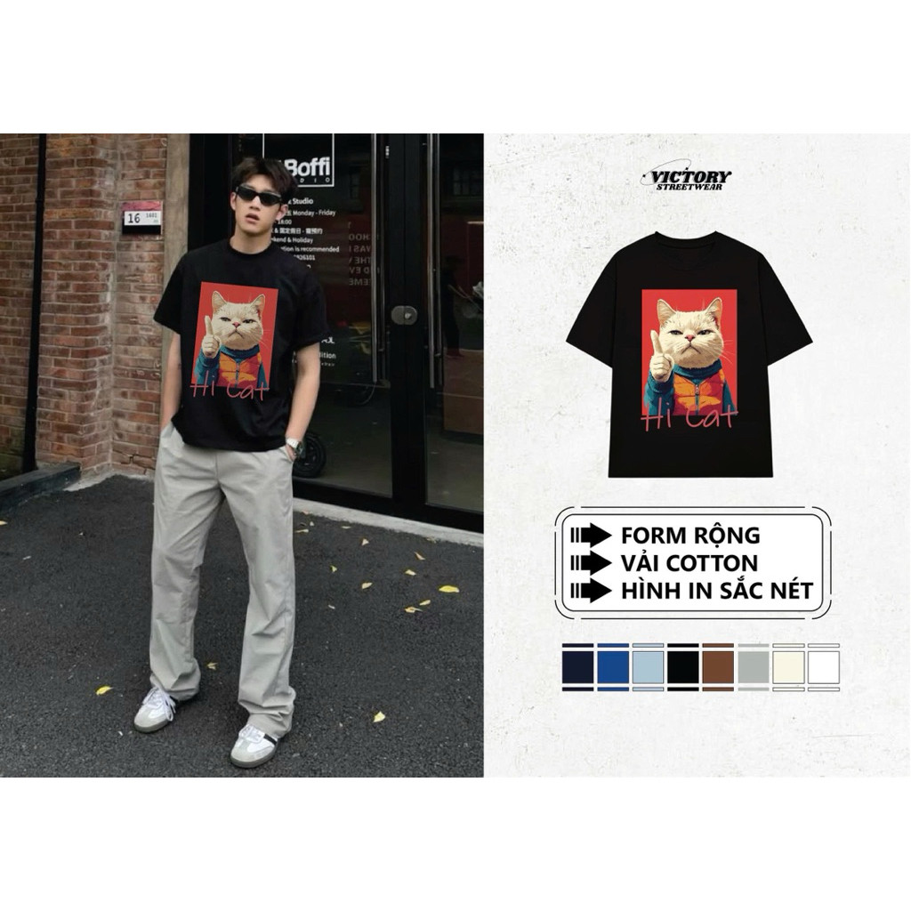 Áo Thun Unisex Hi Cat Form Rộng Chất Vải Cotton Cao Cấp In Kỹ Thuật Số