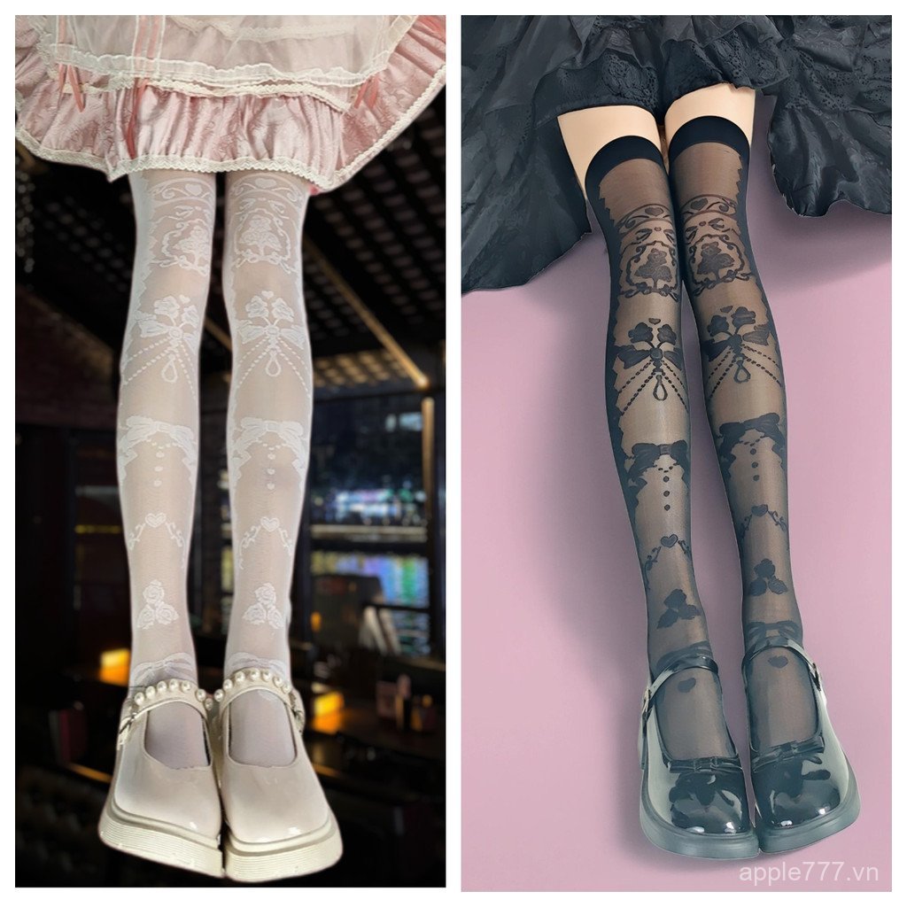 Tất cao cấp lolita Jacquard lolita Tất đen trên đầu gối