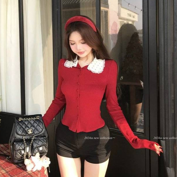 Red Polka Dots Peter Pan Collar Knitted Cardigan Christmas Wear Slim Fit Sweater Coat Sweet Long Sle