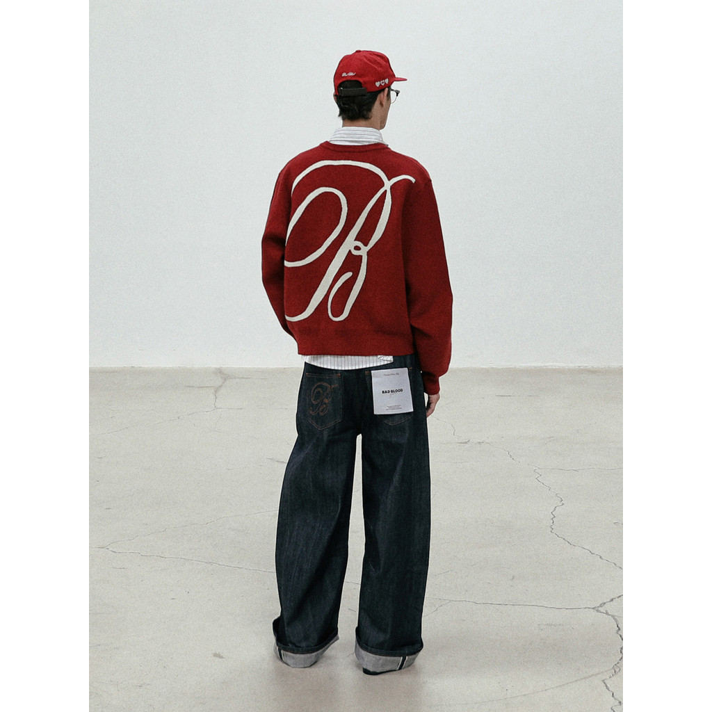 Badblood Knitted Sweater Pullover Round Neck Loose Simple Versatile Letter Jacquard Autumn Winter Sw