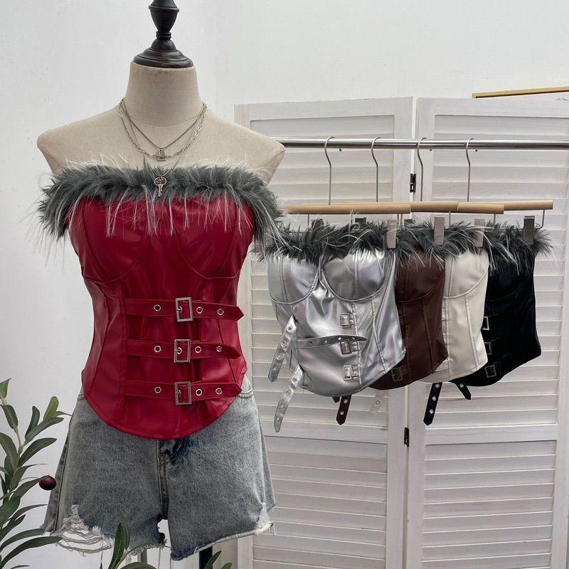 Hot Girl Fur Stitching PU Tube Top Áo ngắn có miếng đệm ngực