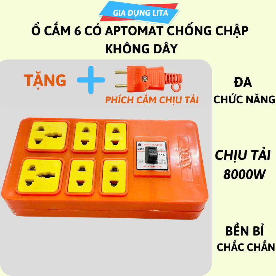 Ổ 6 Lõi Sứ Không Dây Maxkaro Có Át Chống Chập Chịu Tải 8000w