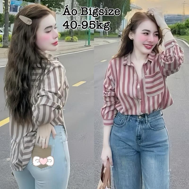 Áo Sơ Mi Bigsize 40-95kg Sọc Nữ Basic Tay Dài Form Rộng Vải Linen Xước Thô Mềm Xinh Đẹp Cao Cấp Dễ T