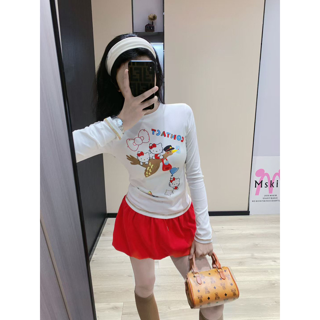 XHIM Sweet and Cute Cartoon Cat Envelope with Wild Goose Pattern Print Long Sleeve T Women's Autumn 