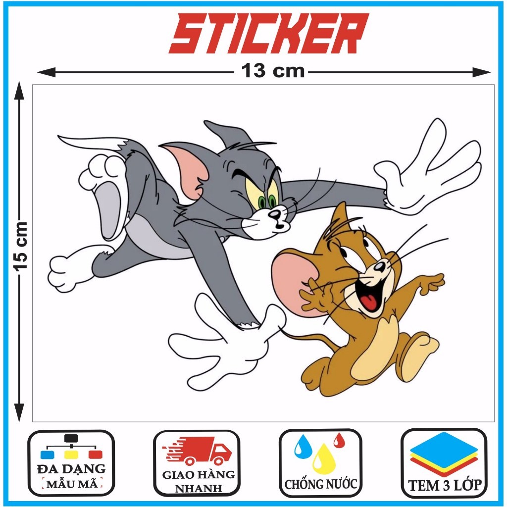 Hình Dán 15cm tom & jerry  Dán Xe Ô Tô Dán Che Xước Xe,Dán Laptop,Tủ Lanh,n Học... Decal 3 Lớp Chống Nước.