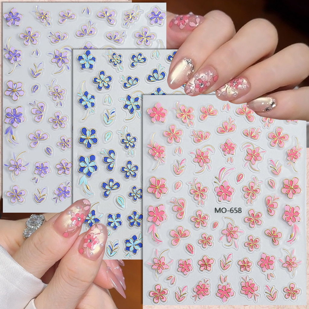 3 / 6 Tờ 5D Dập Nổi Hoa Móng Tay Nghệ Thuật Dán Hồng Xanh Tím Hoa Đề Can Móng Tay 5D Hoa Tự Dính Dán