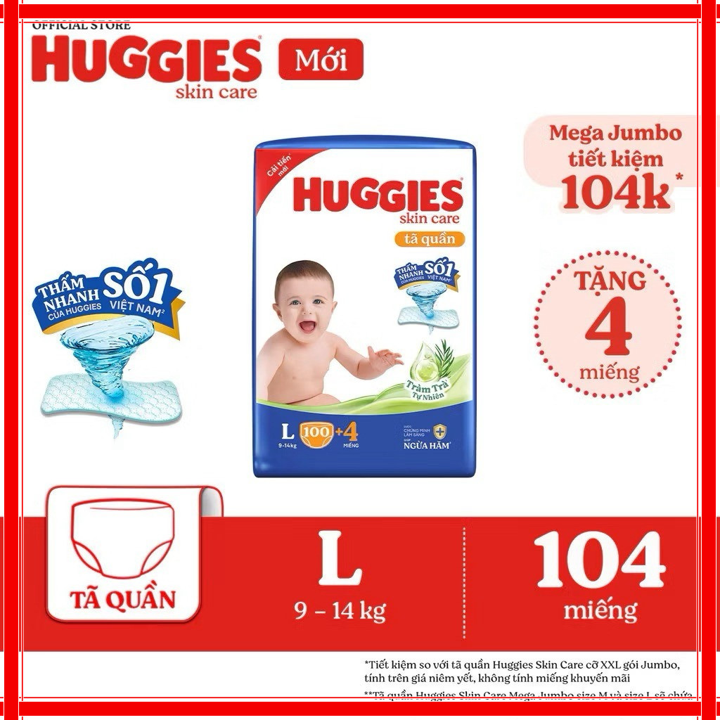 Tã quần Huggies Skincare Mega Jumbo M102+4/L100+4/XL84+4/XXL76+4, Bỉm Huggies Tràm Trà Ngừa Hăm Dịu 